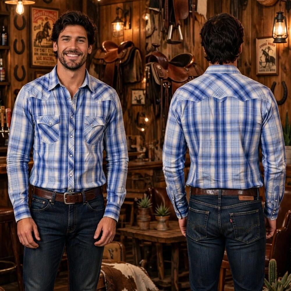 Wrangler Y2K Blue Plaid Snap Button Long Sleeve Western Shirt Men's 3X 56-58